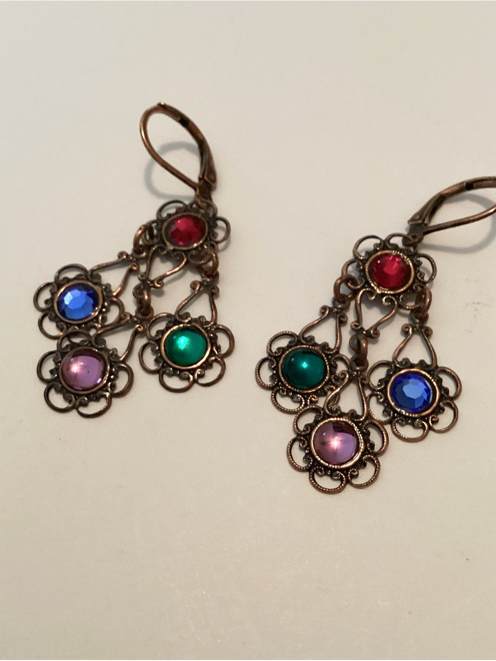 1928 Chandelier Dangle Earrings Copper Tone Filigree Multicolor Rhinestones VTG